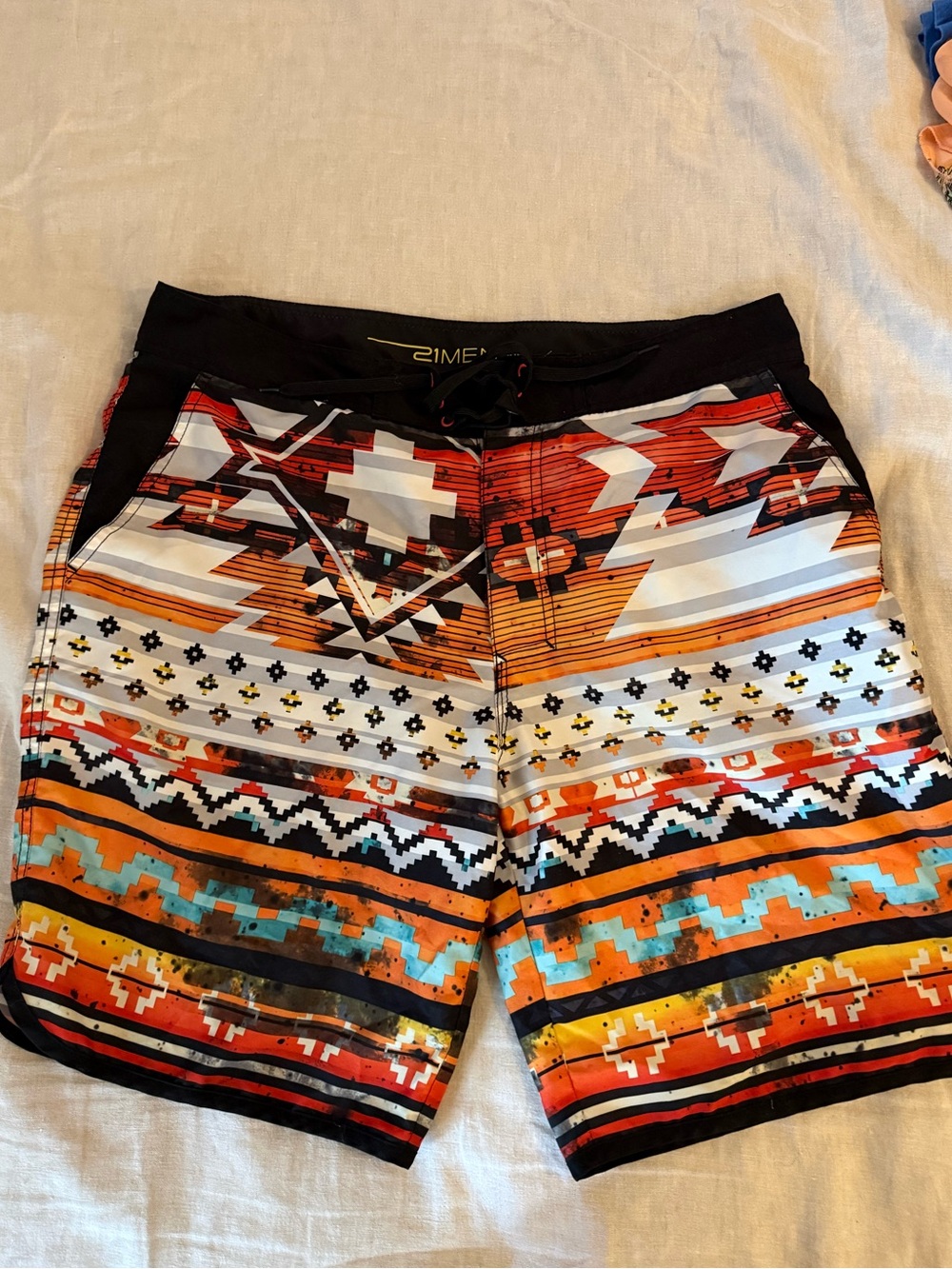 21men Orange, Black & Turquoise Aztec Pattern Swim Shorts